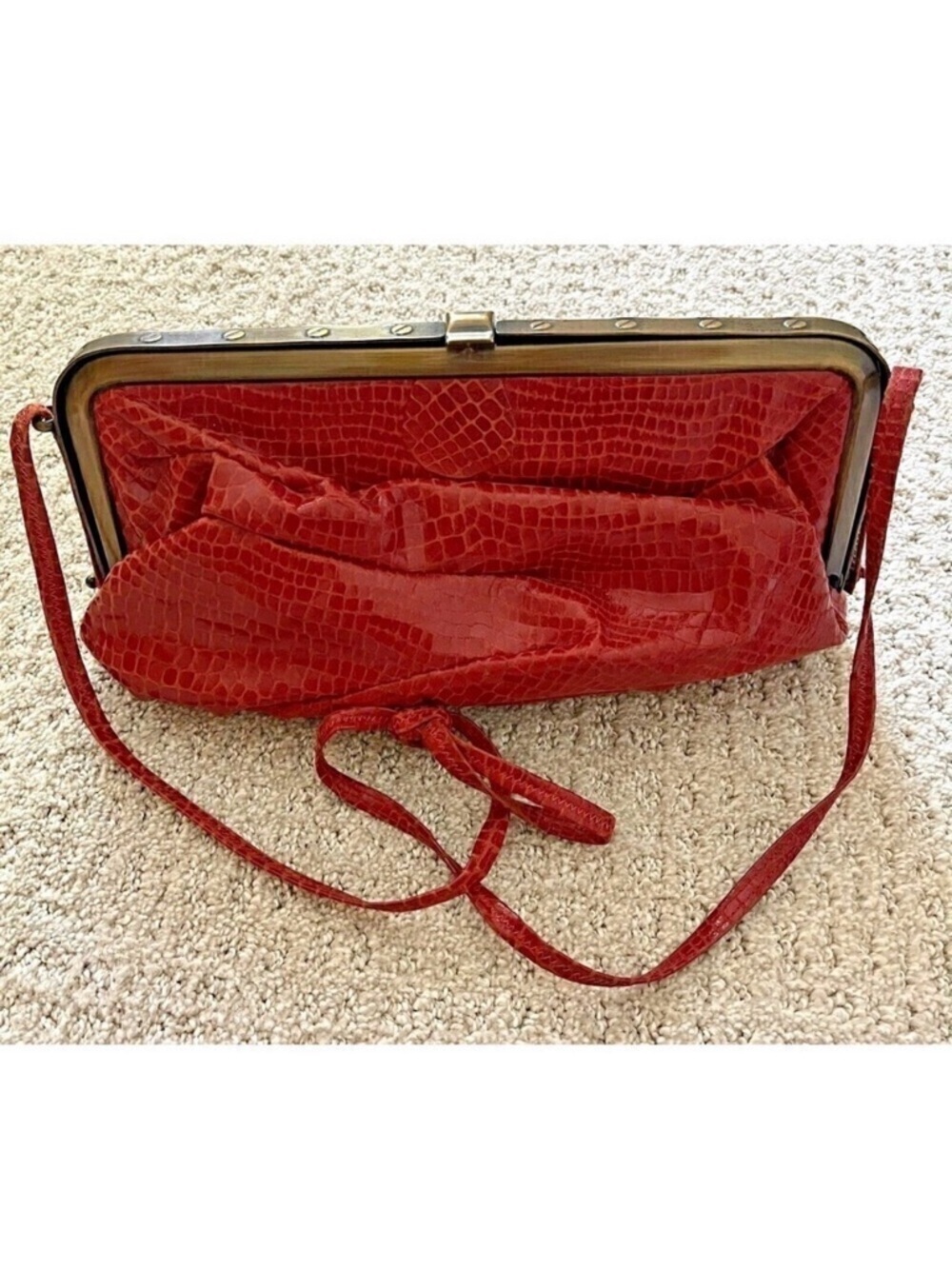 Gino Cherry Red Leather Handbag Gold Clasp Faux Alligator Croc 90s Vintage